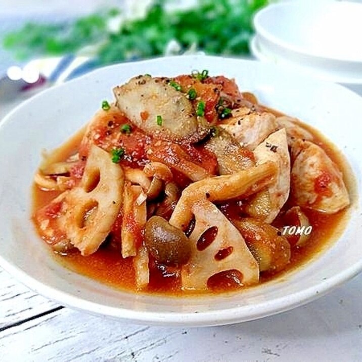 根野菜と鶏胸肉のトマト缶炒め煮